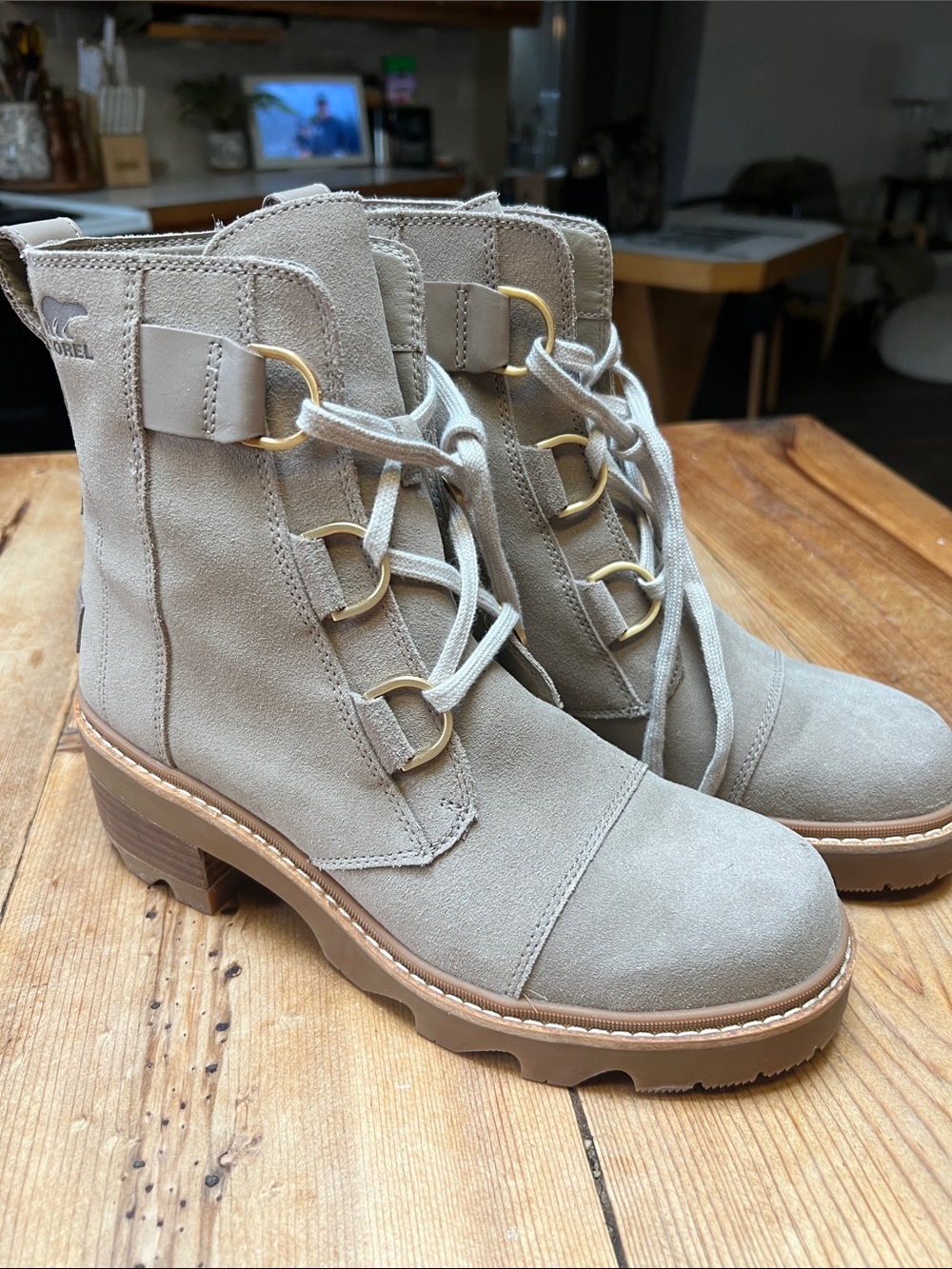 Sorel Taupe Suede Lace-Up Ankle Boots with Gold Hardware